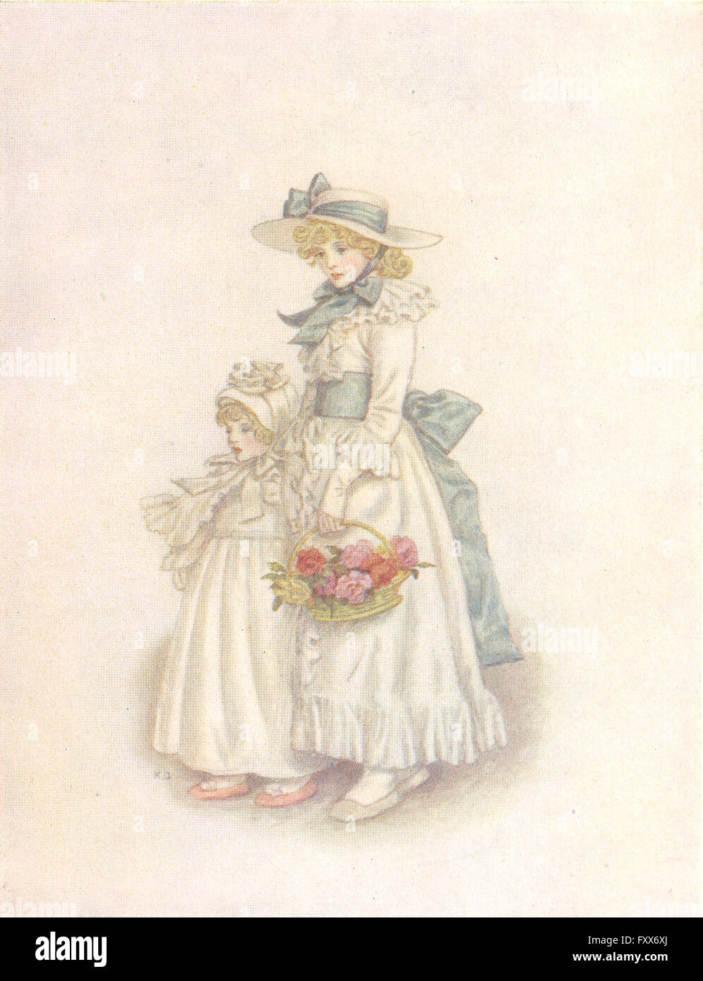 GREENAWAY : Soeurs Girl blue Panier écharpe rose, bébé, antique print 1905 Banque D'Images