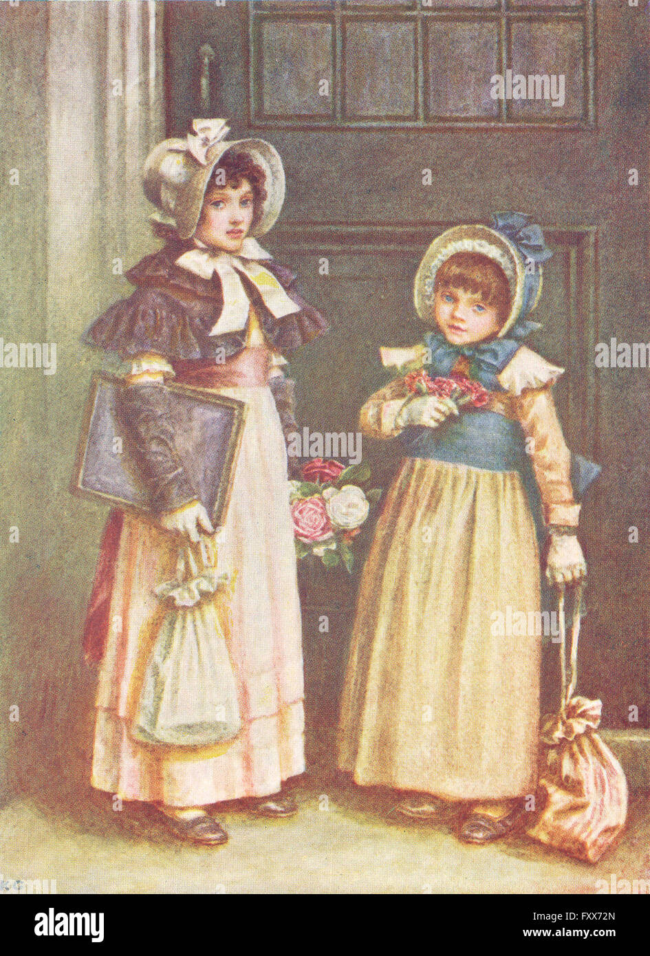 KATE GREENAWAY : 2 filles fréquentent l'école, antique print 1905 Banque D'Images
