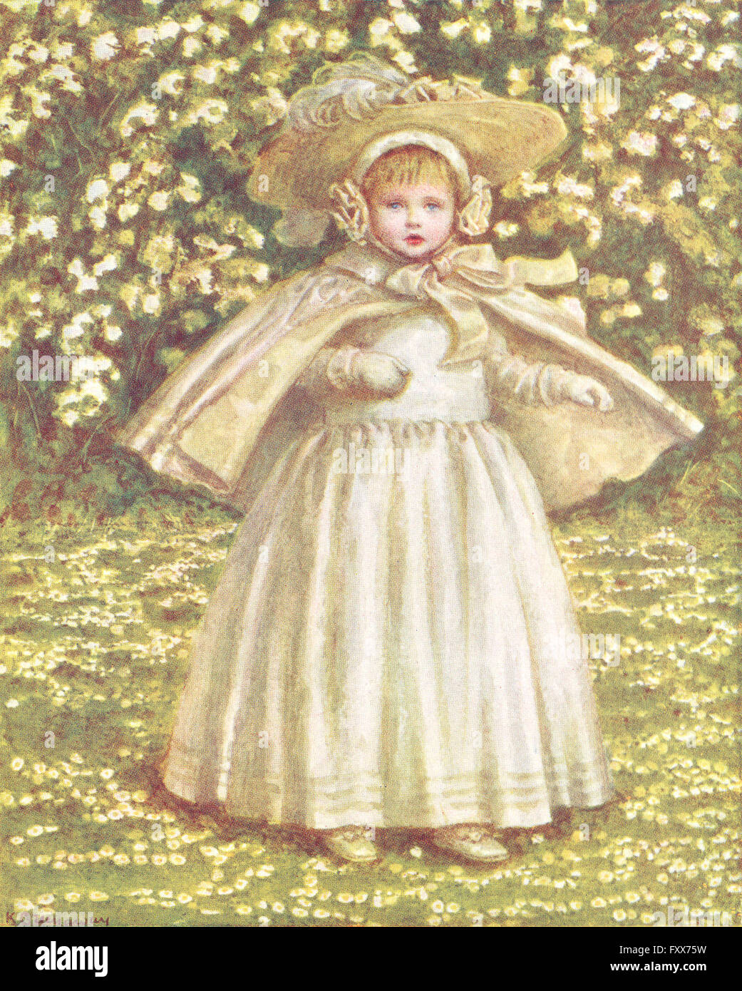 KATE GREENAWAY : un bébé en blanc, Antique print 1905 Banque D'Images