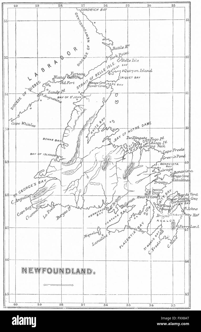 Diocèse de Terre-neuve : anglicane. Canada, 1897 carte antique Banque D'Images