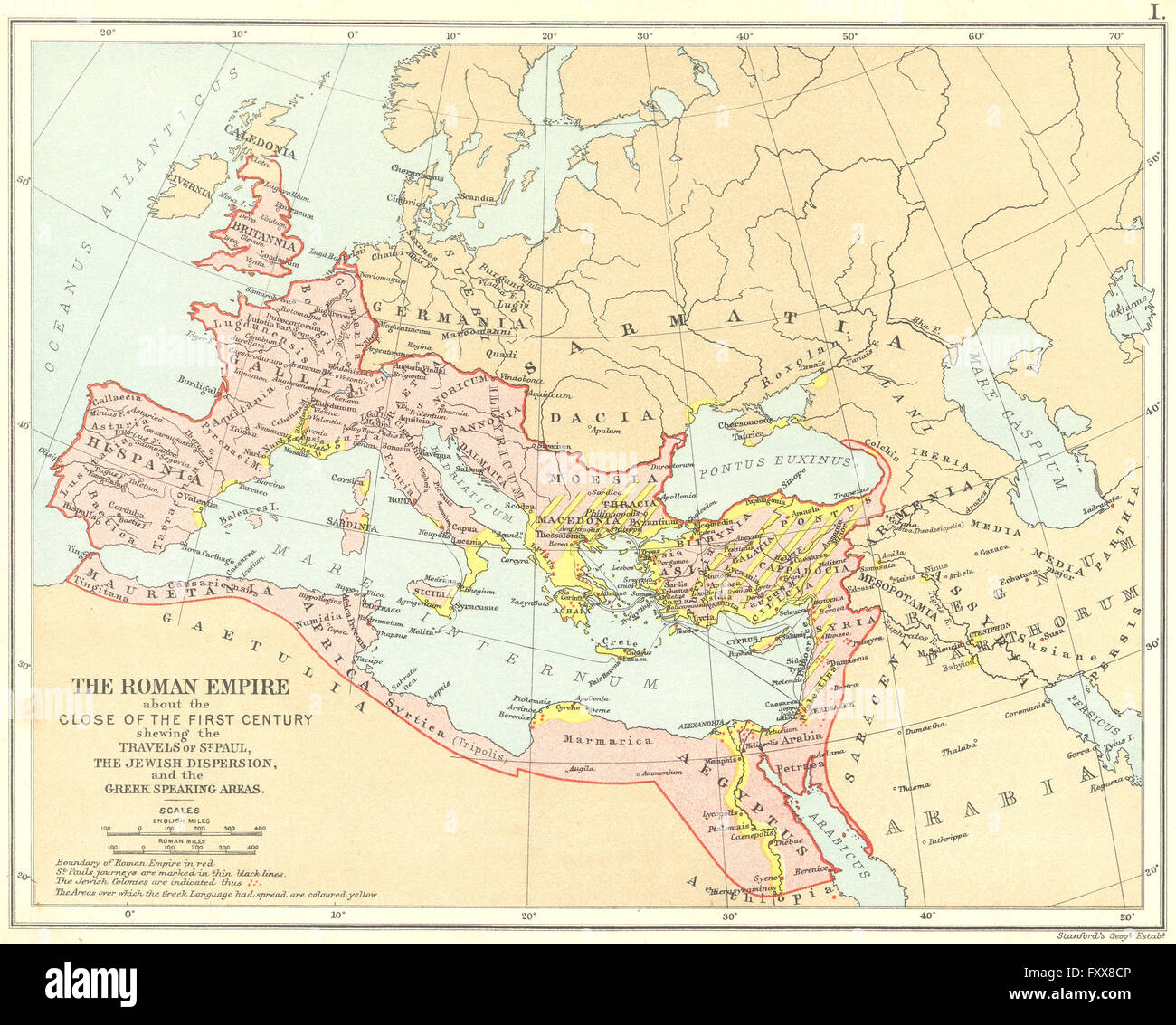 1er siècle de l'EMPIRE ROMAIN : Montre St Paul's Voyages & la dispersion juive, 1897 map Banque D'Images