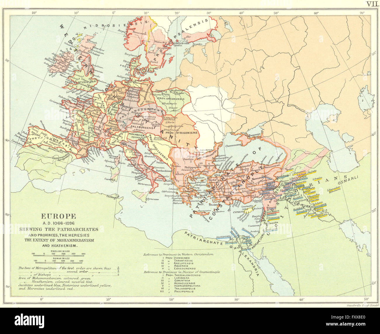 L'EUROPE RELIGIEUSE 1066-1096AD : Patriarcats Provinces hérésies l'Islam, 1897 map Banque D'Images