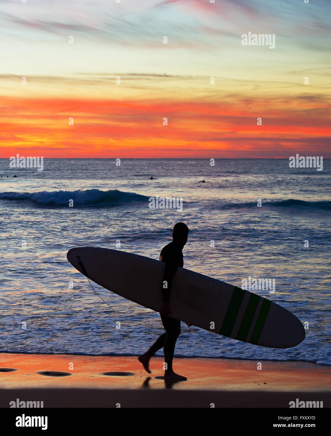 Surfeur sur la plage au coucher de soleil colorés au Portugal Banque D'Images