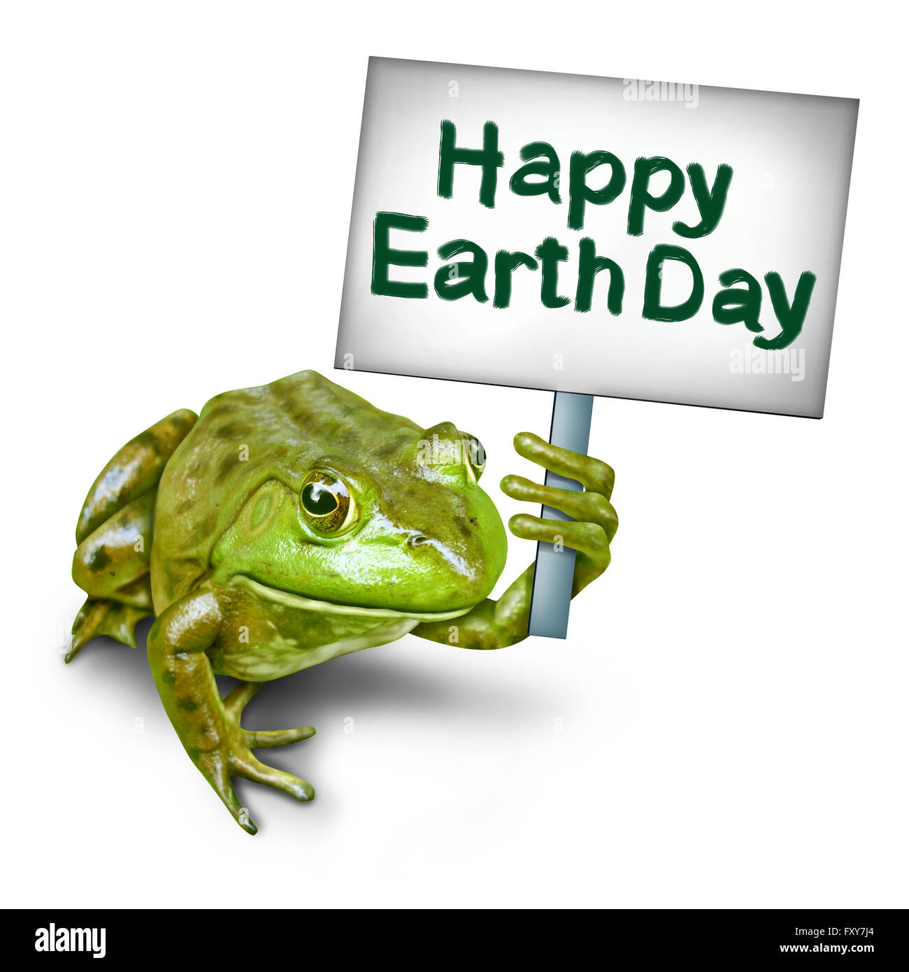 Le jour de la terre tenant une grenouille en signe de protestation comme une ecxological concept comme un groupe de grenouilles qui se réunissent pour former le texte comme un symbole de l'environnement pour la protection de l'habitat endagered 3D illustration. Banque D'Images