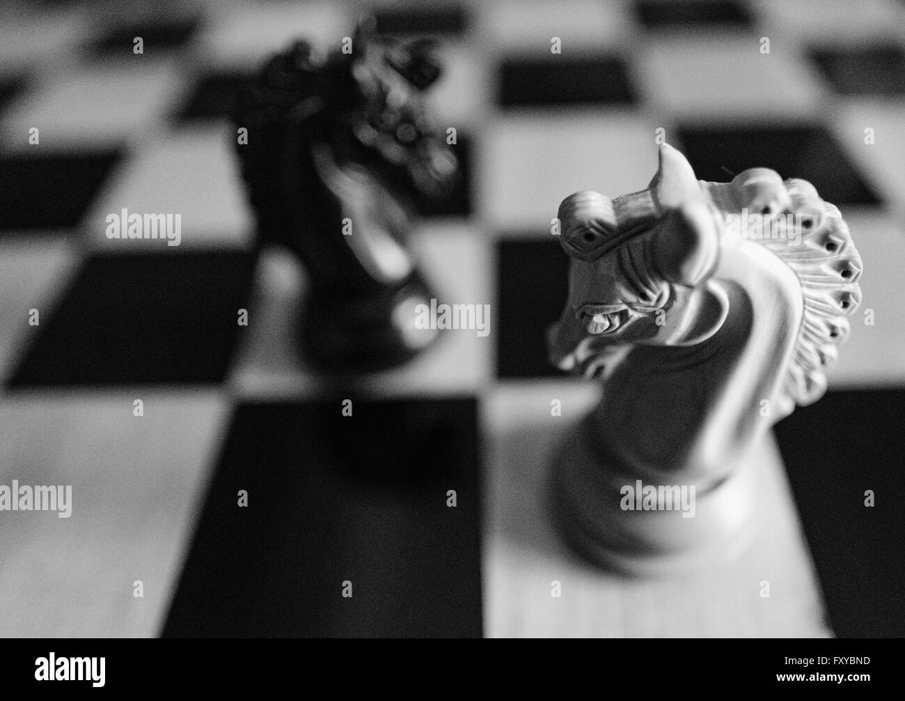 Pièces d'échecs sculptées à la main voir sur un plateau d'échecs de tournoi. Banque D'Images