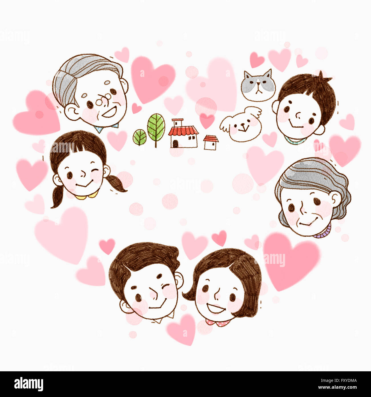 Grande famille harmonieuse et d'animaux de compagnie avec des coeurs Banque D'Images
