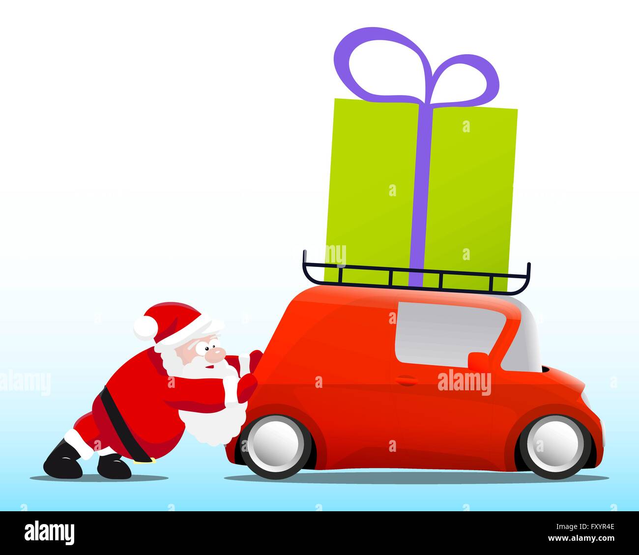 Santa poussant une voiture mini rouge avec une boîte-cadeau, vector illustration Illustration de Vecteur