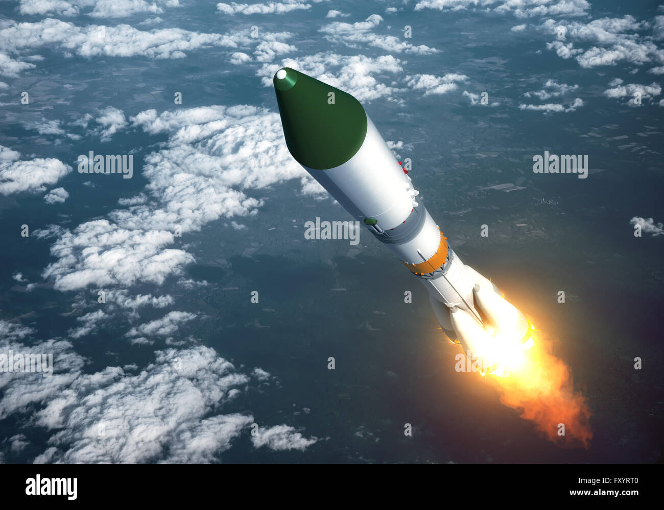 Lancement d'une fusée porteuse dans les nuages. Scène 3D. Banque D'Images