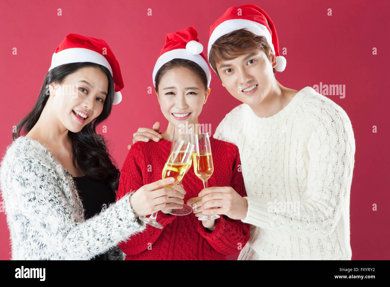 Portrait of young smiling people toasting at party de Noël fixant à l'avant Banque D'Images