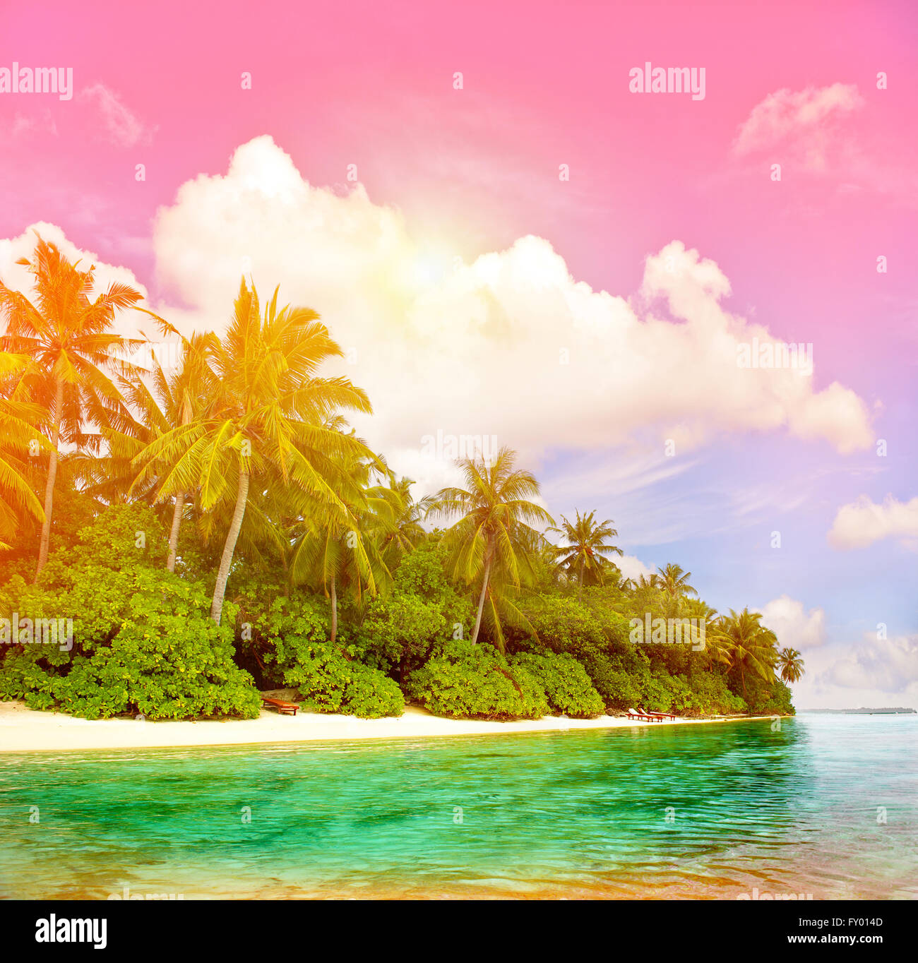 Plage tropicale avec ciel coucher de soleil coloré. Paradise Island avec palmiers. Tons style vintage photo Banque D'Images