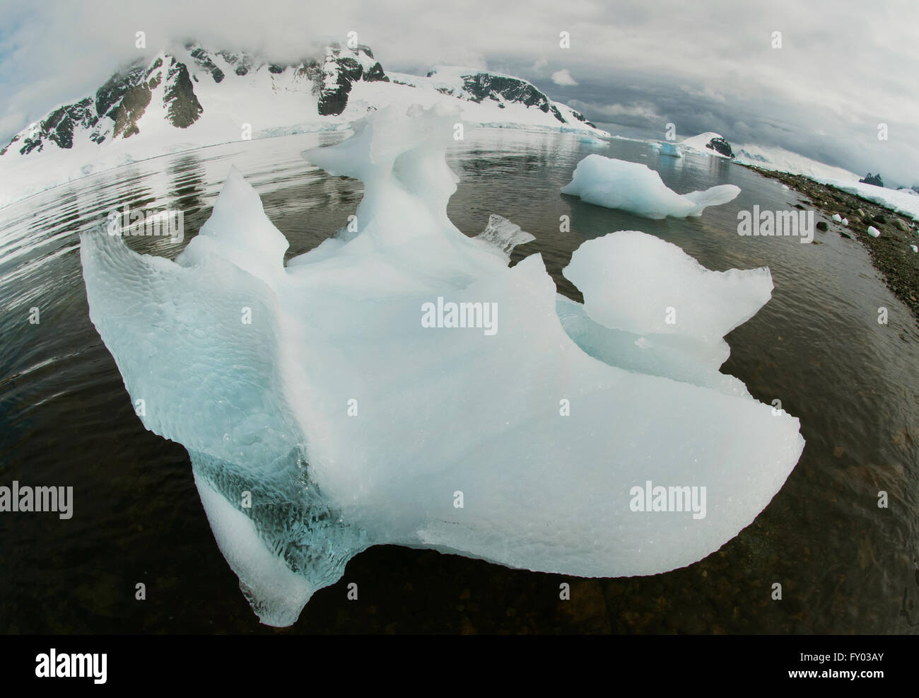 Iceberg à terre (fisheye), l'Île Danco, Péninsule Antarctique, l'Antarctique Banque D'Images