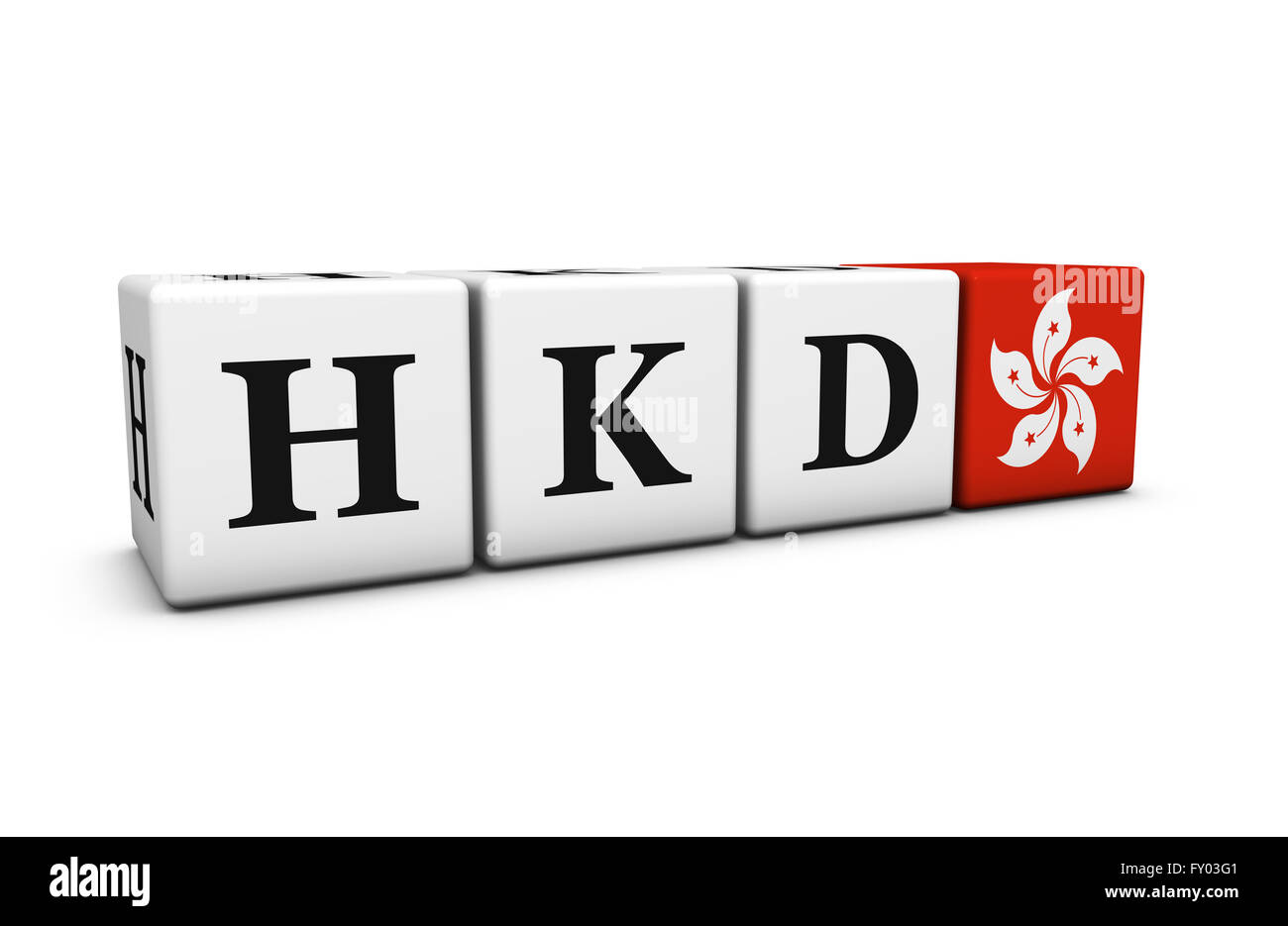 Les taux de change, l'échange de marché et financiers concept stock avec code HKD dollar de Hong Kong et d'un drapeau sur glaçons isolé sur blanc. Banque D'Images