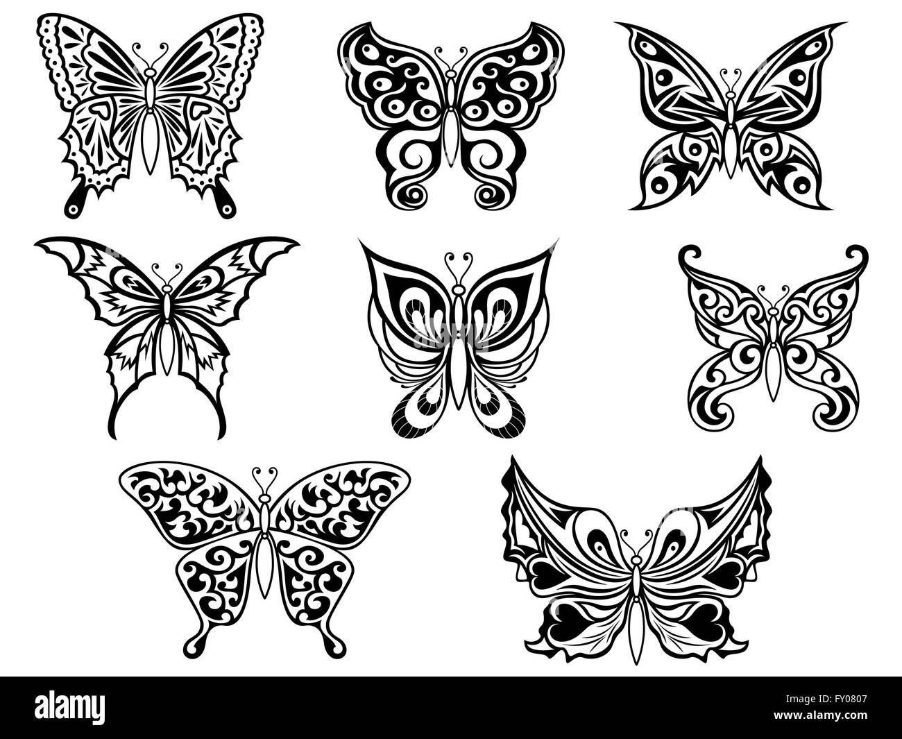 Ensemble de huit papillons noirs d'ornement sur le fond blanc, dessin à la main d'art vectoriel Illustration de Vecteur