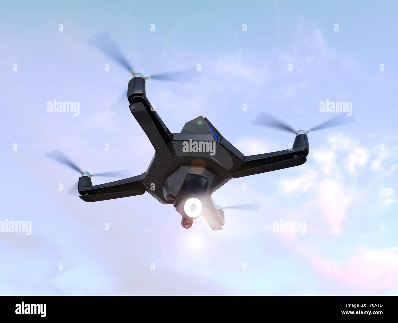 Drone furtif équiper avec lumière recherche volant dans le ciel. Le rendu 3D image. Banque D'Images