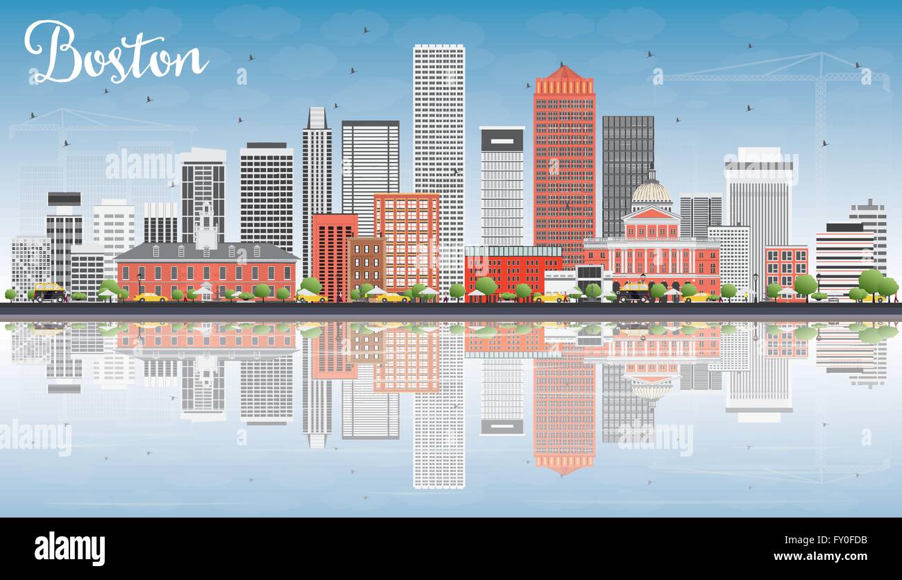 Boston skyline avec bâtiments gris, rouge, bleu ciel et réflexions. vector illustration. business concept Voyages et tourisme Illustration de Vecteur
