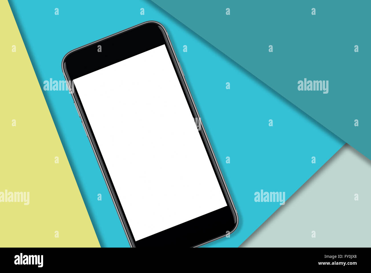 Smart phone noir avec écran vide pour ajouter des design ou copier. Design de matériaux colorés en arrière-plan Banque D'Images