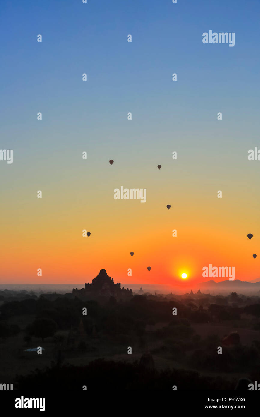 Lever de Soleil sur le temple Dhammayangyi et montgolfières, Old Bagan avec ciel bleu et orange et le temple des silhouettes, Myanmar Banque D'Images