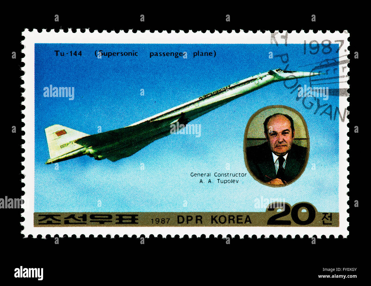 Timbre-poste à partir de la Corée du Nord représentant l'avion supersonique Tupolev Tu-144 Banque D'Images