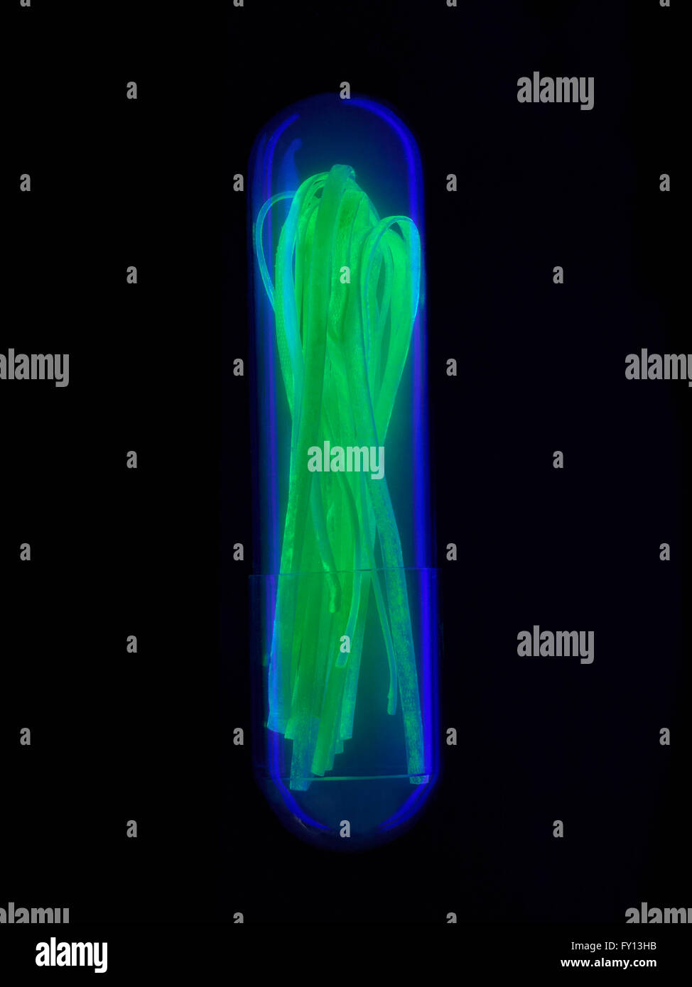 Allumé en pâtes crues en capsule de verre sur fond noir Banque D'Images