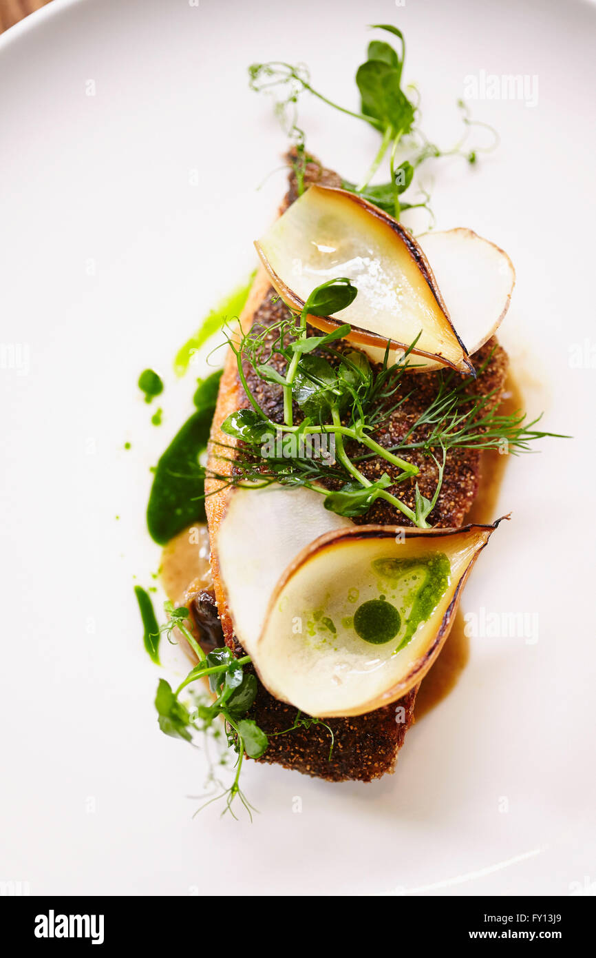 Close-up de filet de turbot frit garnie d'herbes sur la plaque Banque D'Images