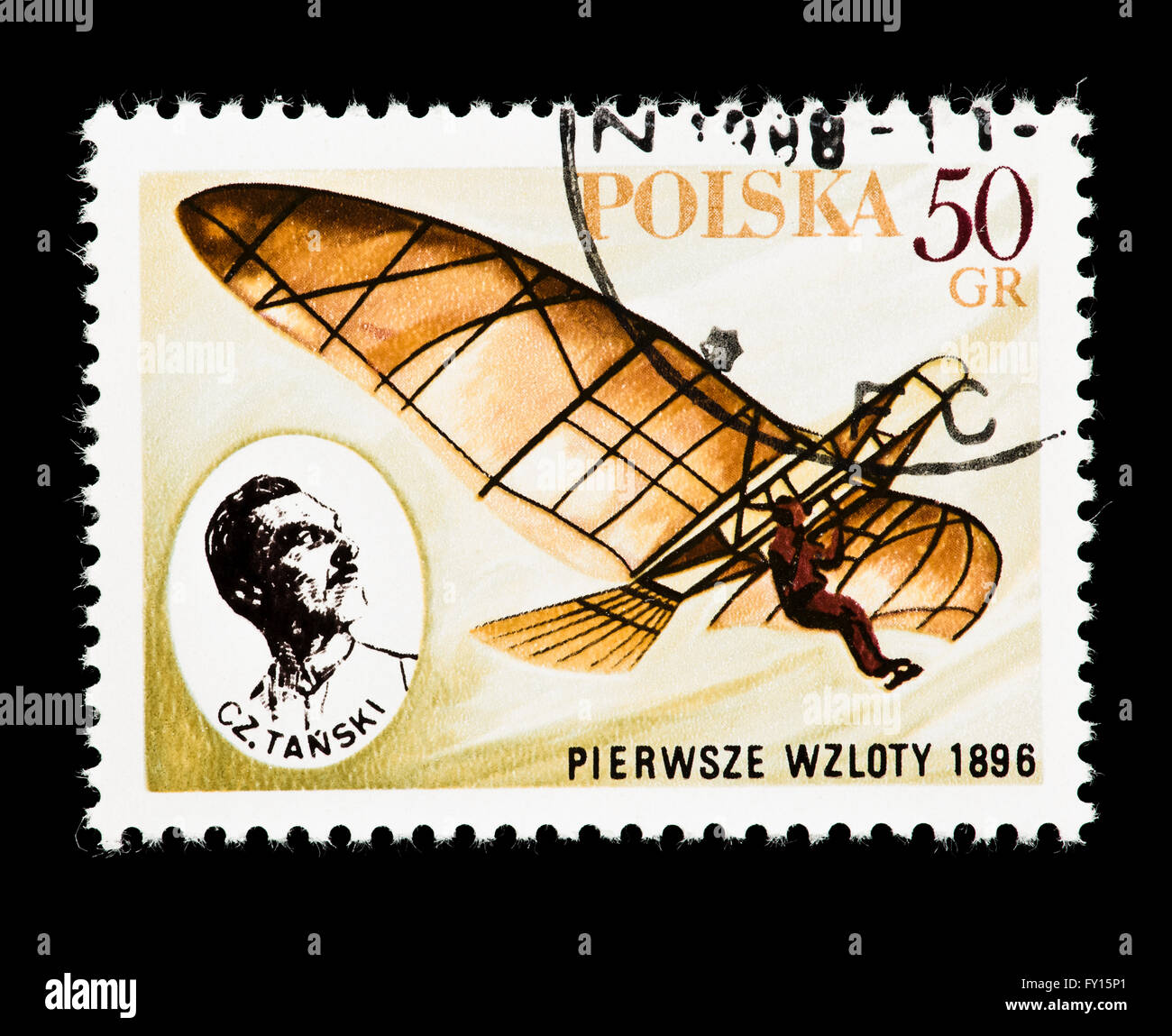 Timbre-poste de la Pologne représentant Pierwsze Wzloty et Czeslaw Tanski, début des pionniers de l'aviation polonaise. Banque D'Images