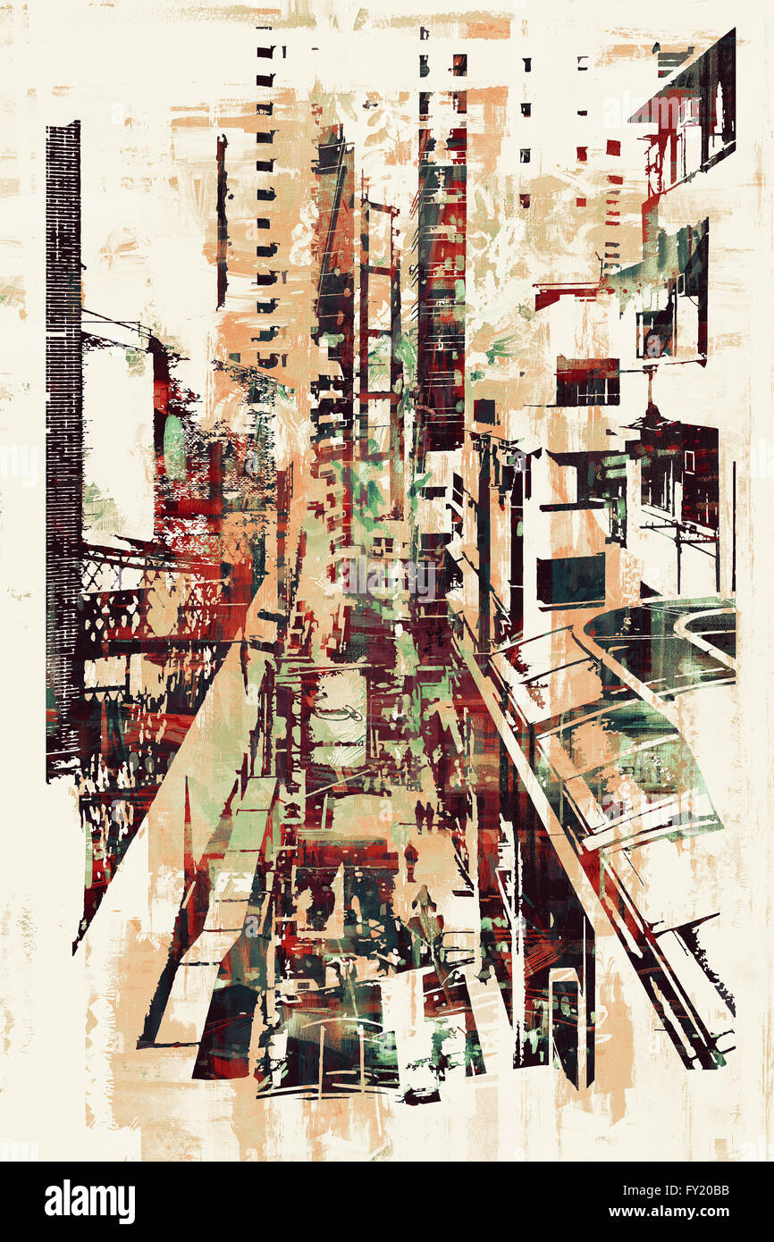 L'art abstrait de cityscape,illustration peinture Banque D'Images