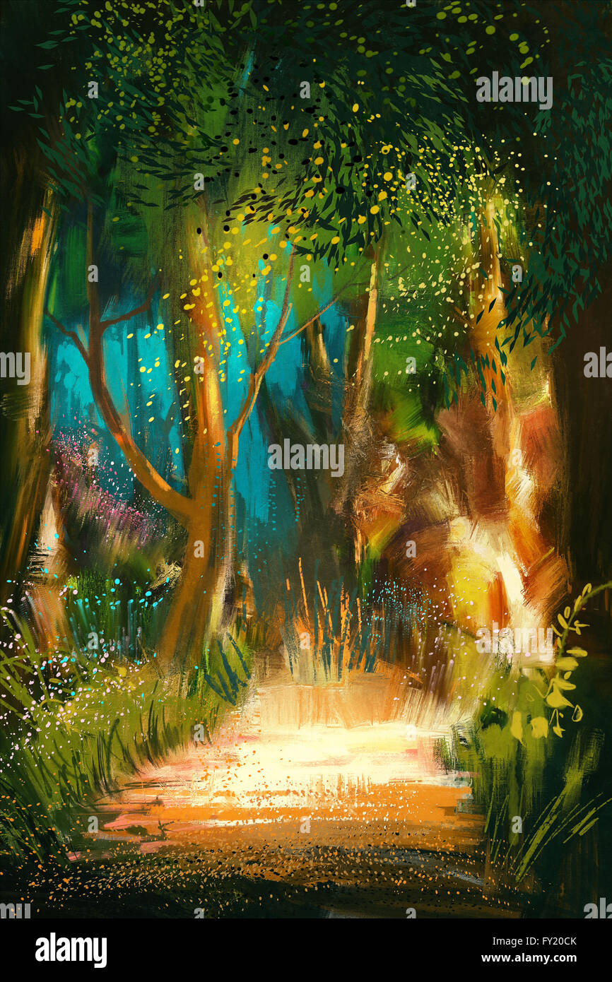 Beau chemin forestier en matin,illustration peinture Banque D'Images