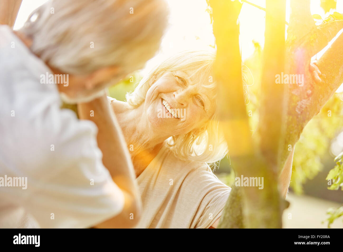 Femme et homme flirter en été dans la nature Banque D'Images