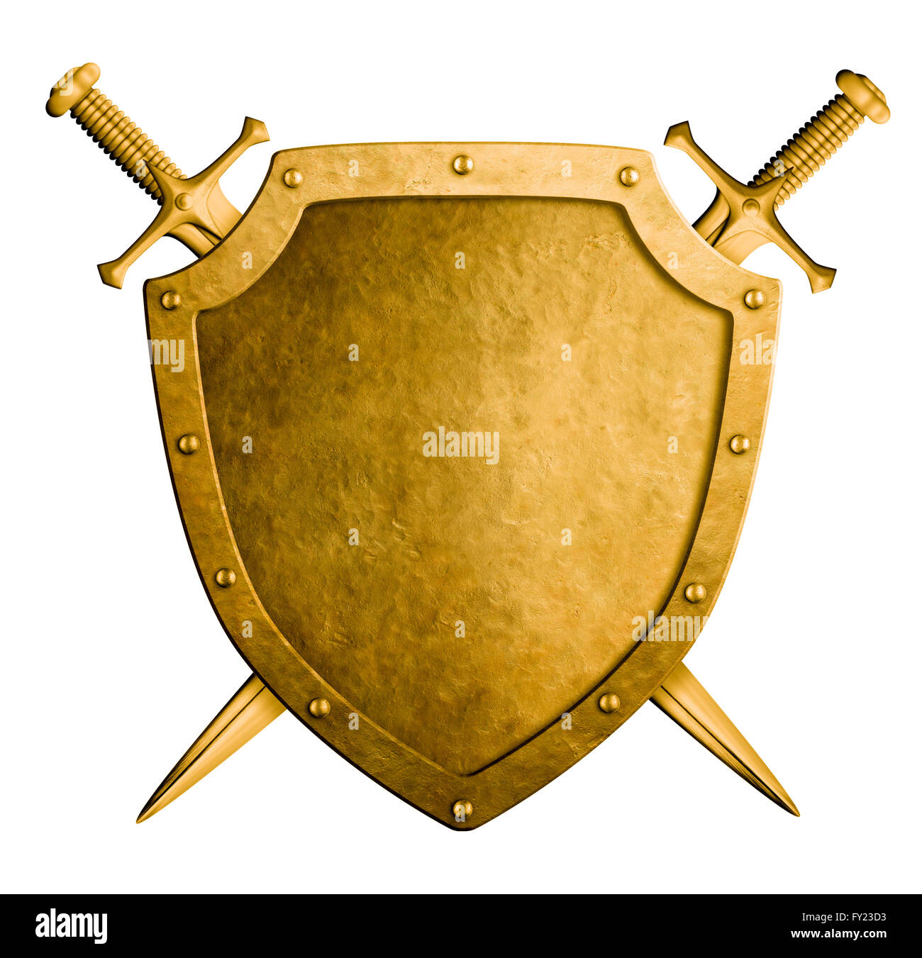 Médiévale d'or armoiries bouclier et deux épées isolated Banque D'Images