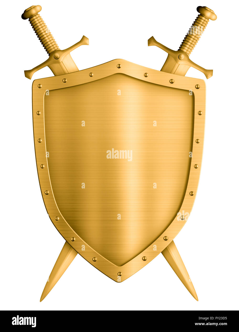 Bouclier chevalier médiéval d'or et épées croisées isolated Banque D'Images