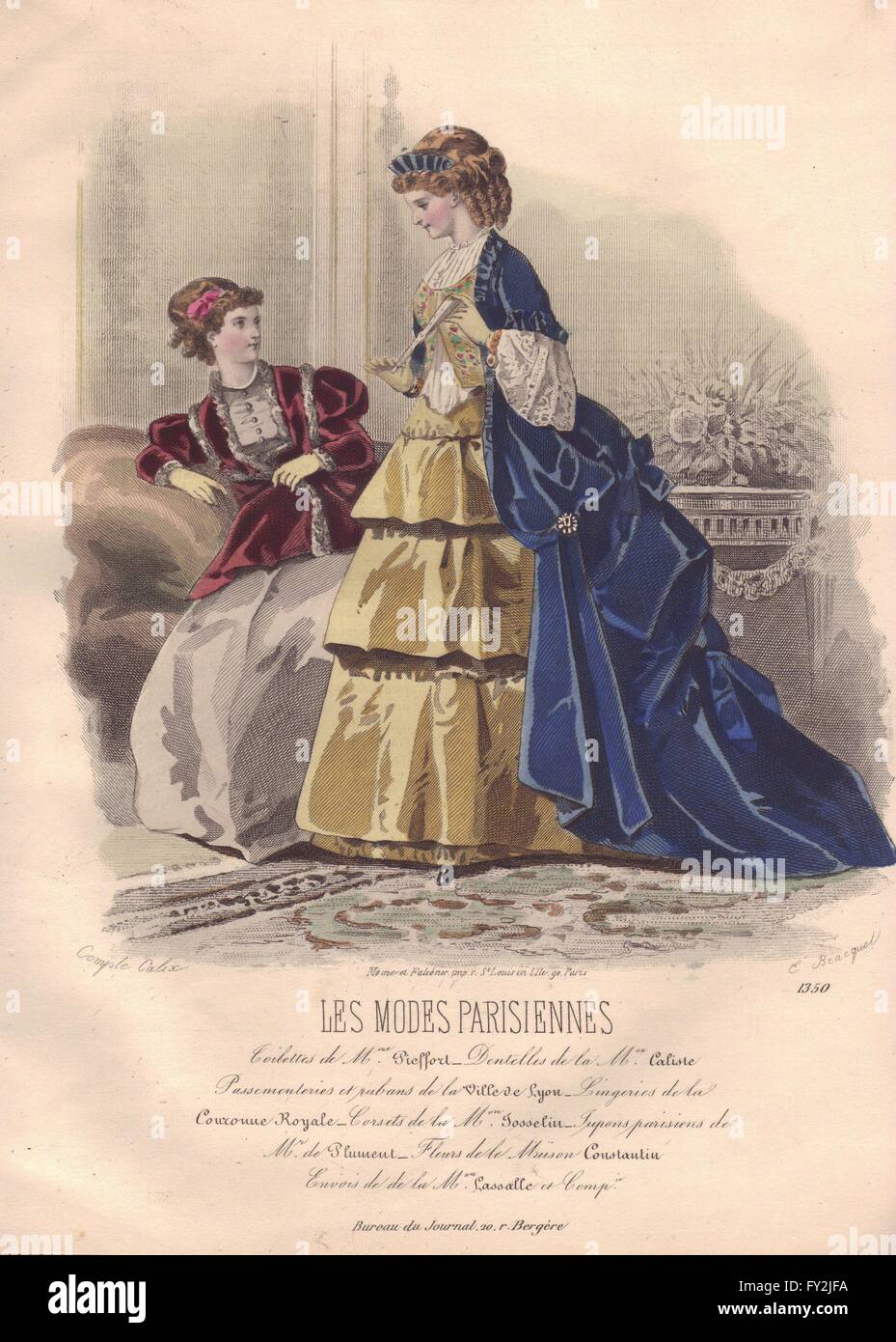 FASHION : Elegant Parisian mesdames.. bleu, jaune ancien 1869 Banque D'Images FASHION : Elegant Parisian mesdames.. bleu, jaune ancien 1869 Banque D'Images