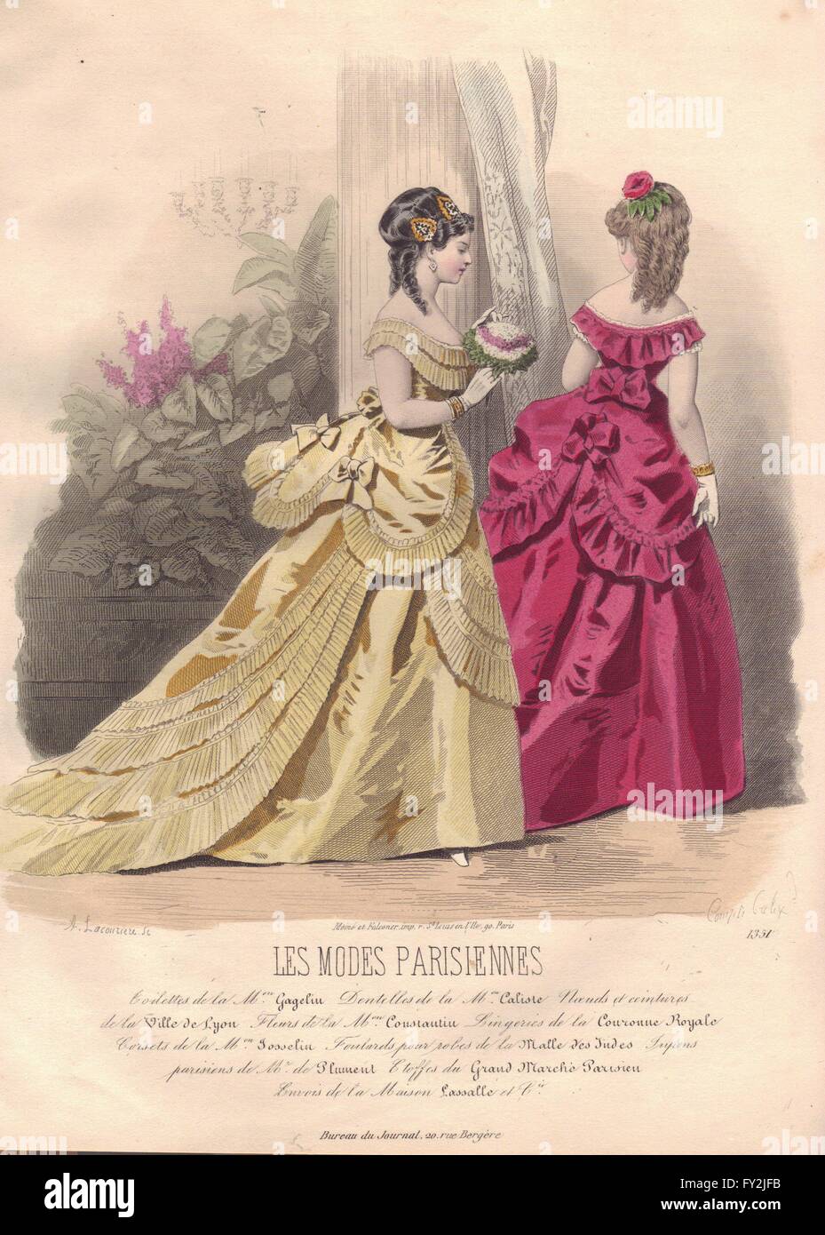 FASHION : Elegant Parisian mesdames. jaune. Rose, ancien 1869 Banque D'Images FASHION : Elegant Parisian mesdames. jaune. Rose, ancien 1869 Banque D'Images