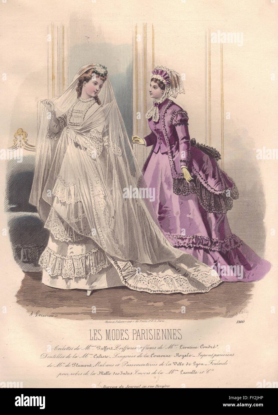 FASHION : Elegant Parisian mesdames. mauve, antique print 1869 Banque D'Images FASHION : Elegant Parisian mesdames. mauve, antique print 1869 Banque D'Images