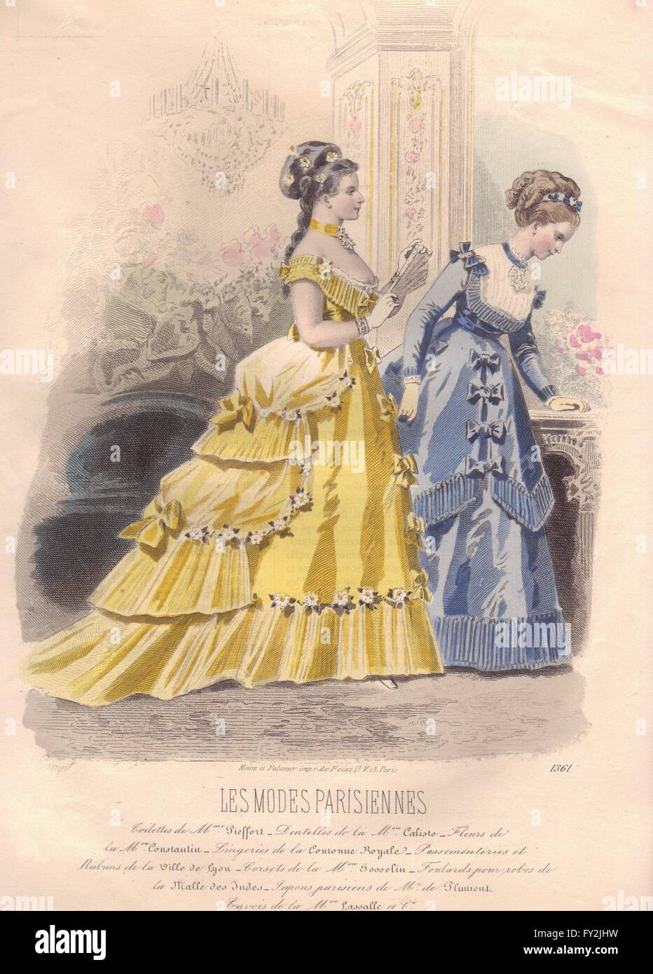 FASHION : Elegant Parisian mesdames.. jaune bleu, ancien 1869 Banque D'Images FASHION : Elegant Parisian mesdames.. jaune bleu, ancien 1869 Banque D'Images