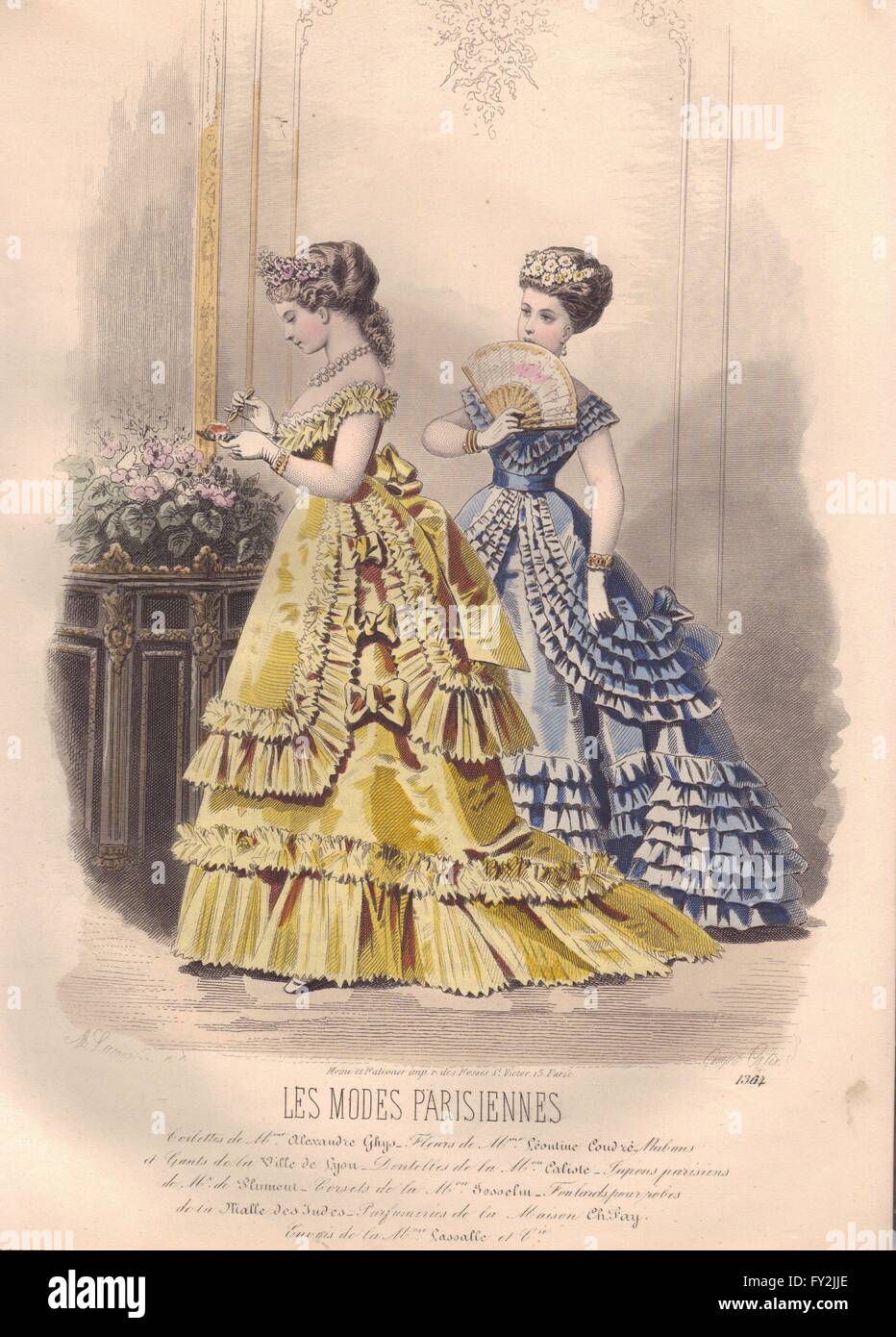 FASHION : Elegant Parisian mesdames.. jaune bleu, ancien 1869 Banque D'Images FASHION : Elegant Parisian mesdames.. jaune bleu, ancien 1869 Banque D'Images
