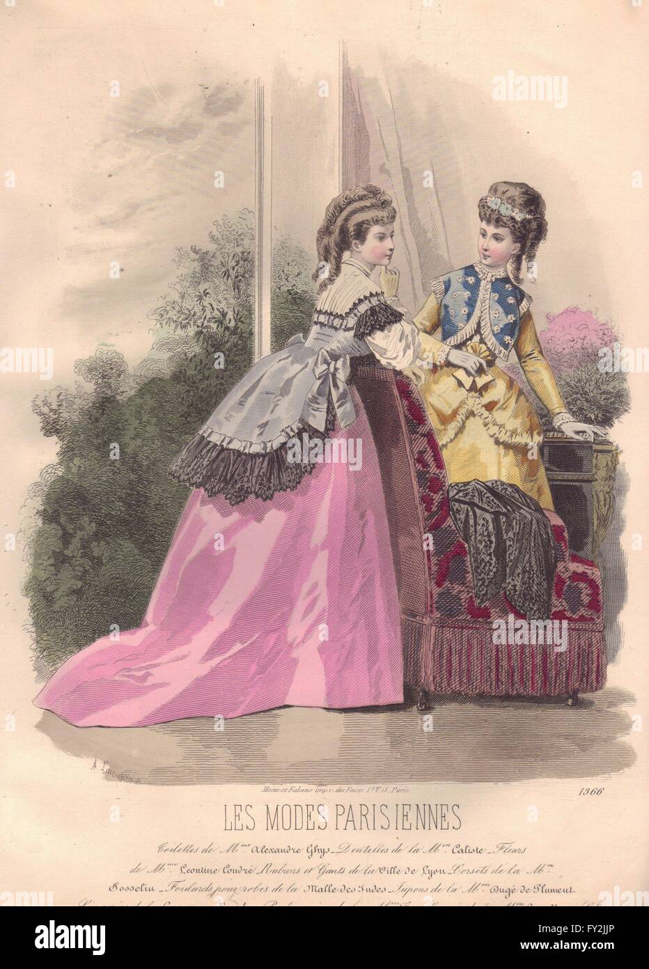 FASHION : Elegant Parisian mesdames.. rose jaune. rouge, ancien 1869 Banque D'Images FASHION : Elegant Parisian mesdames.. rose jaune. rouge, ancien 1869 Banque D'Images