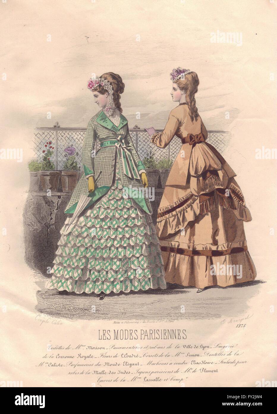 FASHION : Elegant Parisian mesdames. vert. Brown, antique print 1869 Banque D'Images FASHION : Elegant Parisian mesdames. vert. Brown, antique print 1869 Banque D'Images