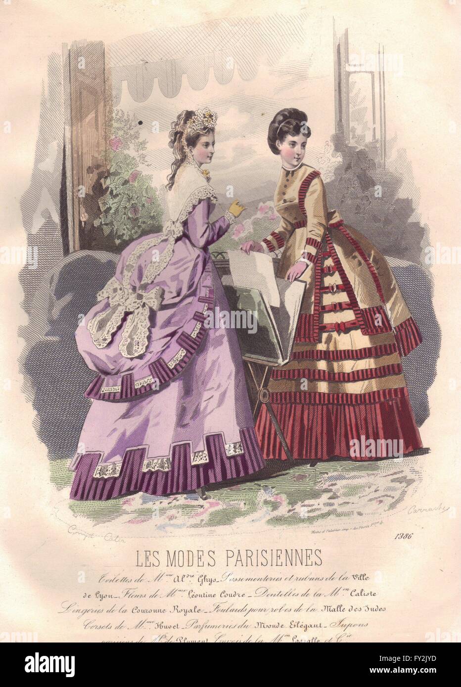 FASHION : Elegant Parisian mesdames. mauve, antique print 1869 Banque D'Images