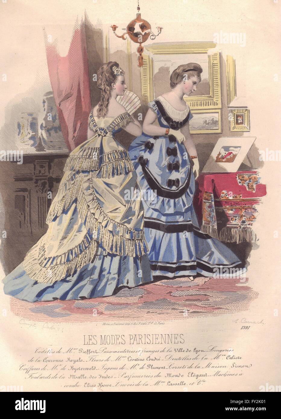 FASHION : Elegant Parisian mesdames.. bleu, rose ancien 1869 Banque D'Images FASHION : Elegant Parisian mesdames.. bleu, rose ancien 1869 Banque D'Images