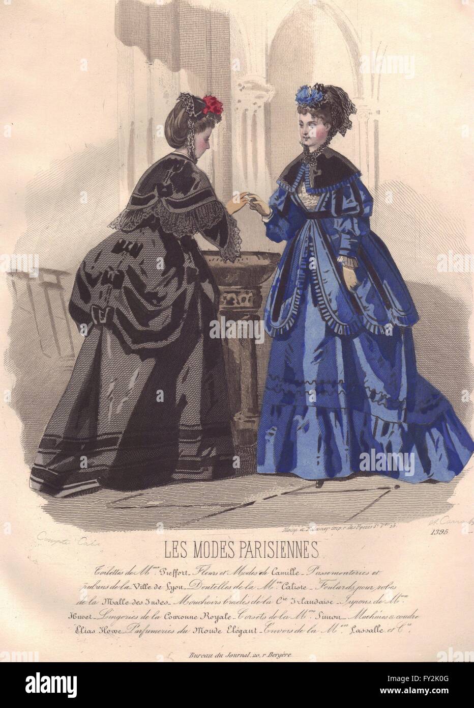 FASHION : Elegant Parisian mesdames. bleu. noir, antique print 1869 Banque D'Images FASHION : Elegant Parisian mesdames. bleu. noir, antique print 1869 Banque D'Images