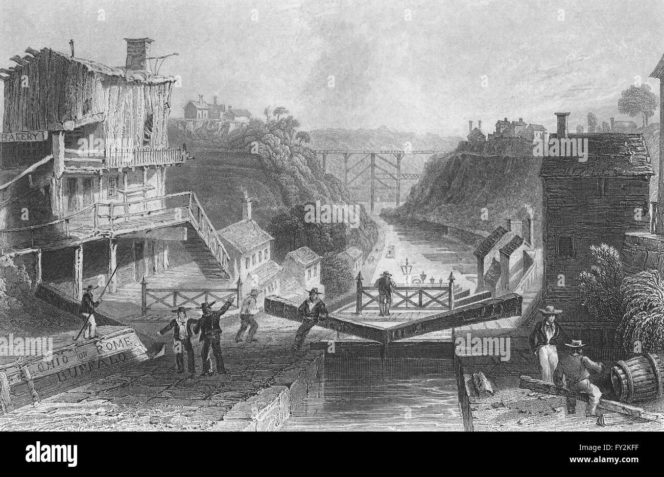 Canal Érié, Lockport, New York. WH BARTLETT, antique print 1840 Banque D'Images