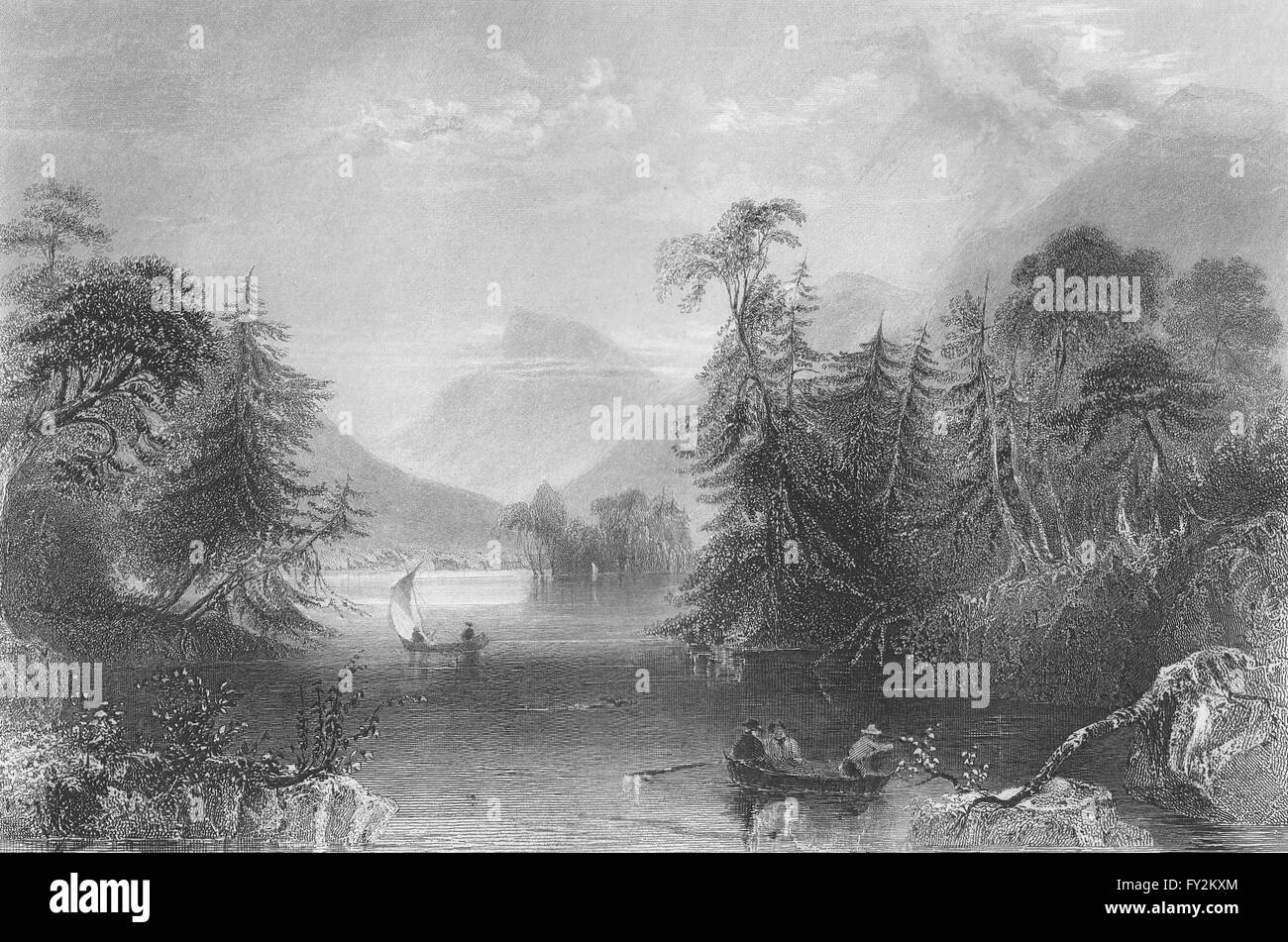 Les Narrows, Lake George, New York. WH BARTLETT, antique print 1840 Banque D'Images