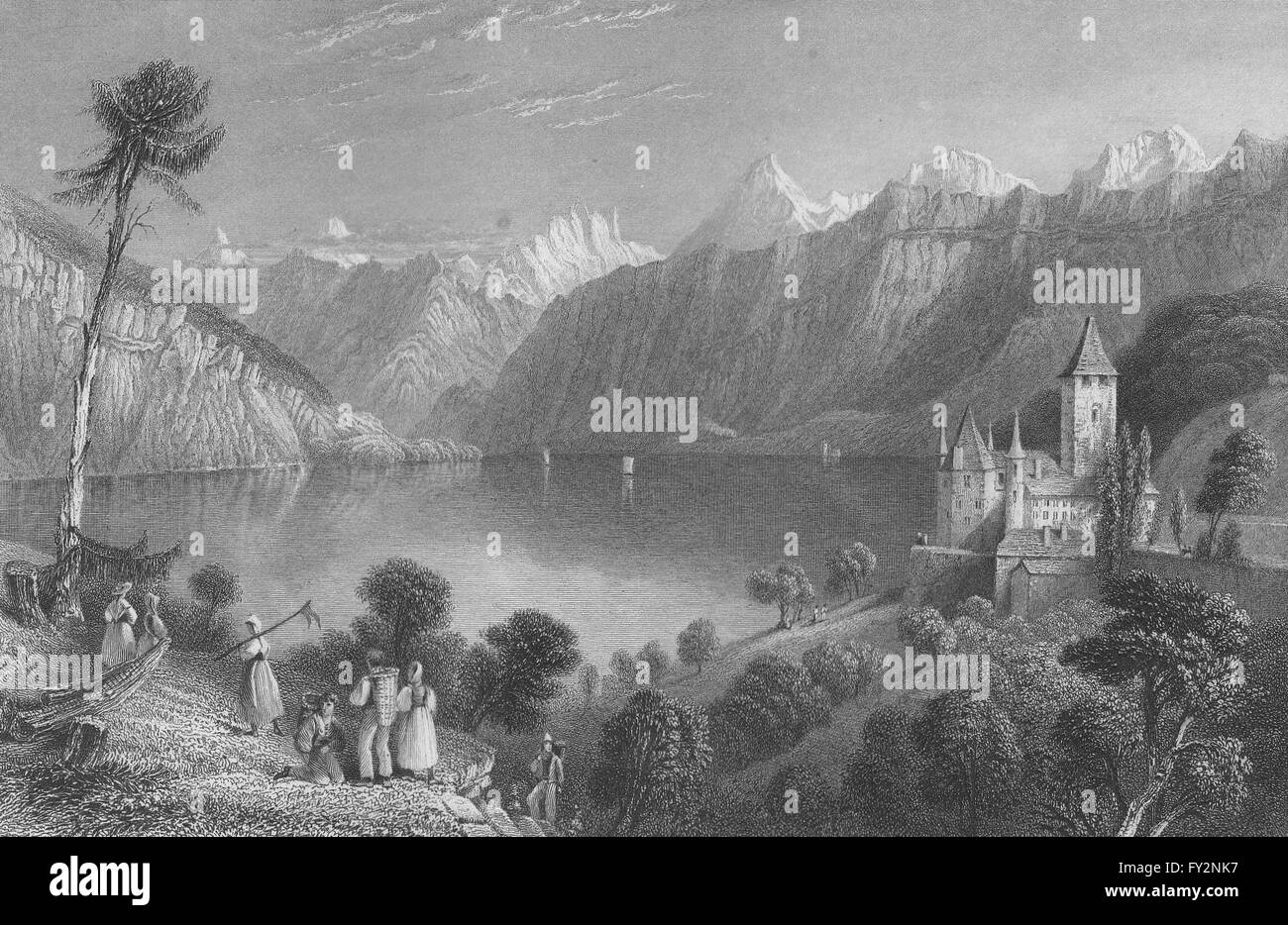 Suisse : château de Spiez, lac de Thoune, dans le canton de Berne/Berne. BARTLETT, 1836 Banque D'Images