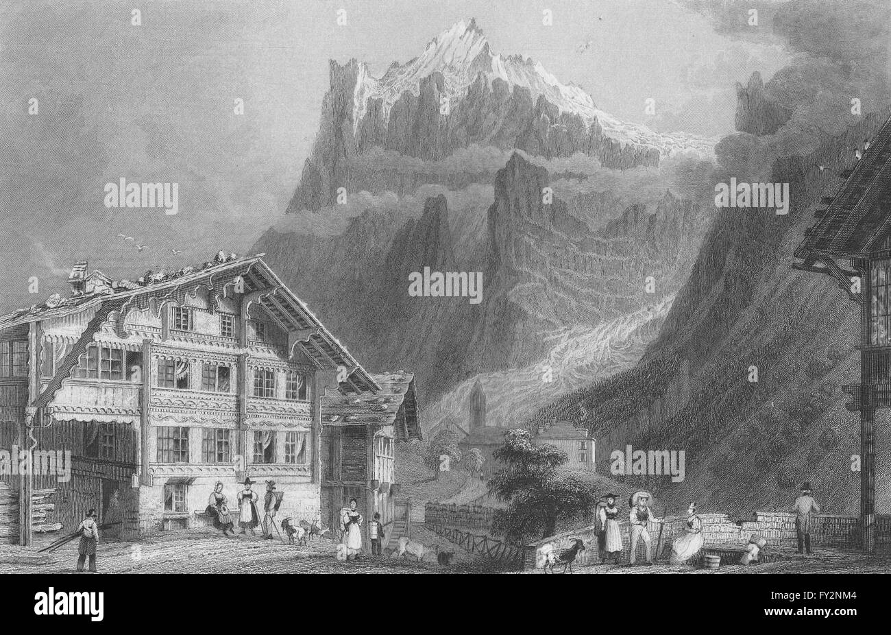 Suisse : le village de Grindelwald/Berne (Canton de Berne). BARTLETT, 1836 imprimer Banque D'Images