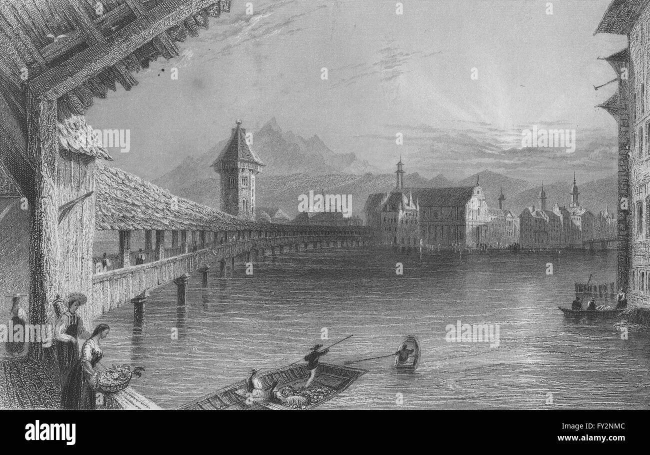 LUCERNE Luzern/Hofbrucke:Kapellbrücke (pont de la chapelle) et Mt Pilatus.BARTLETT 1836 Banque D'Images