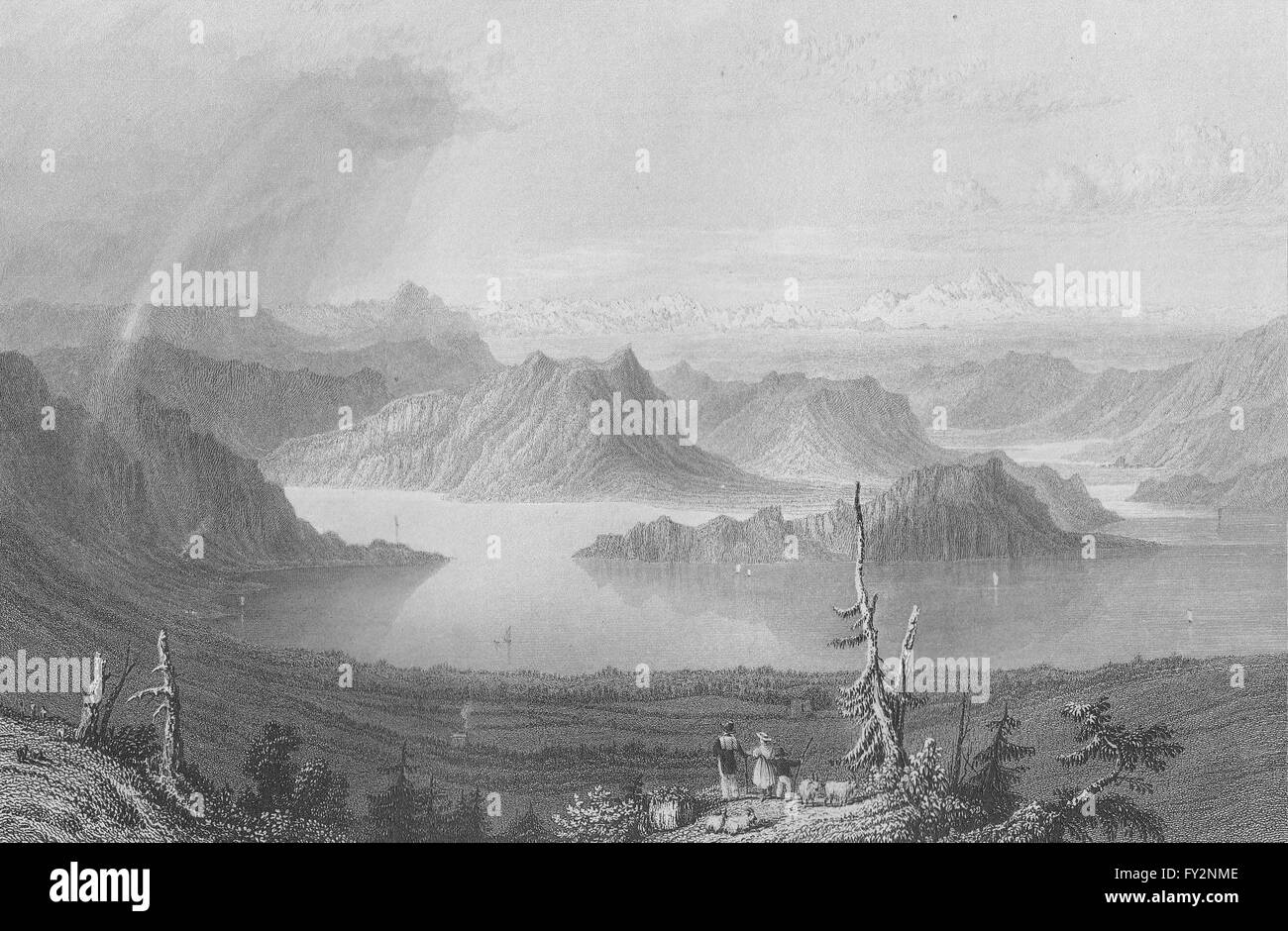 Suisse : le lac de Lucerne / Lucerne du Righi (Unterwald). BARTLETT, 1836 Banque D'Images