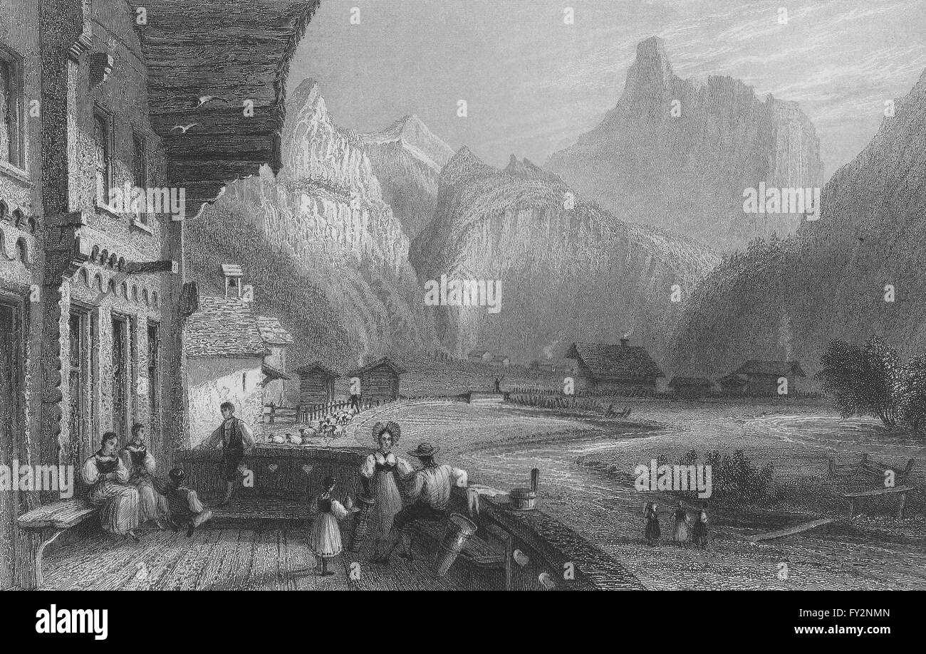 Suisse : le Village de Kandersteg, dans le canton de Berne (Ghemmi Pass). BARTLETT, 1836 Banque D'Images