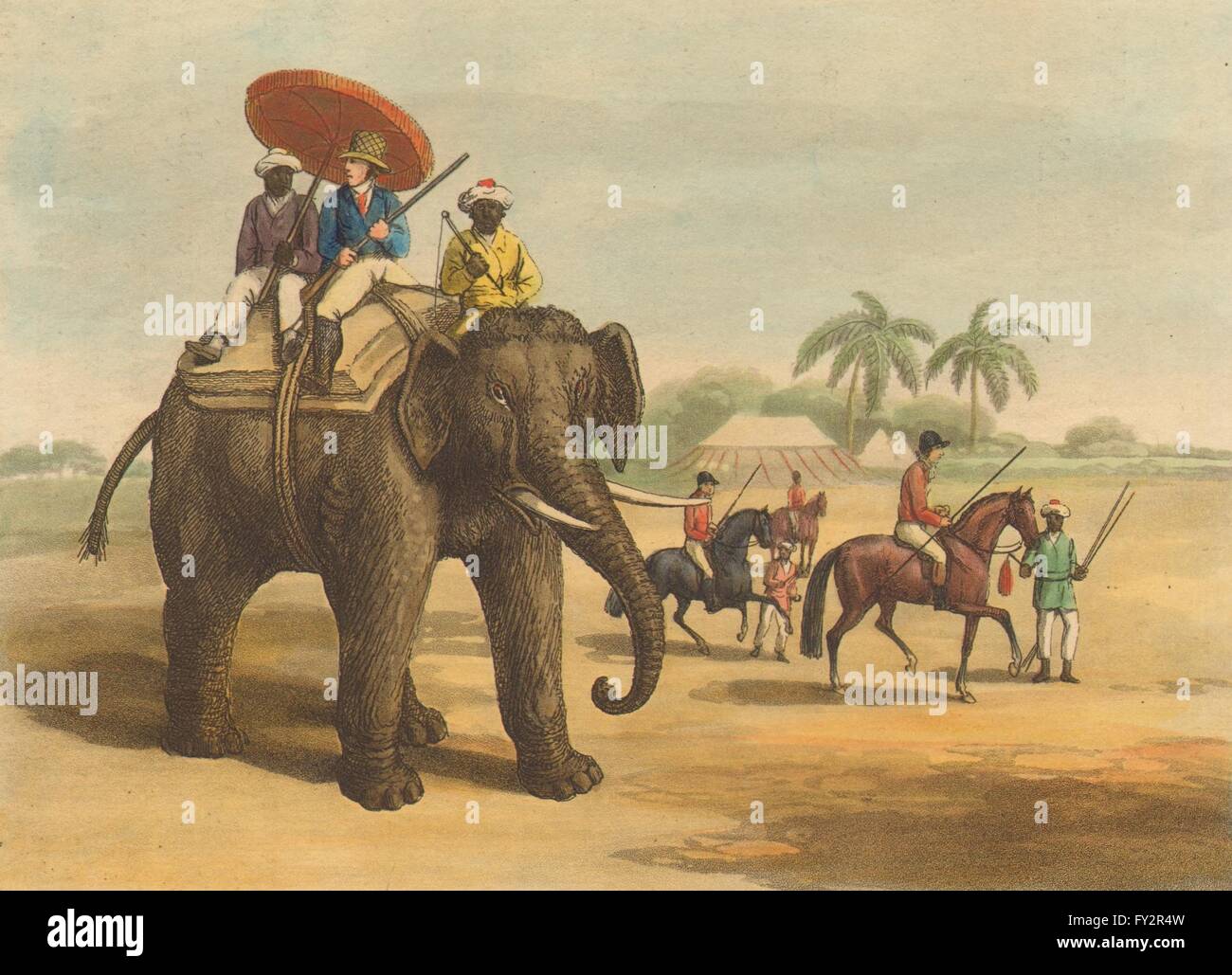 Inde : les chasseurs- porcs chevaux éléphant. Tente (Field Sports- Edward Orme) , 1814 Banque D'Images