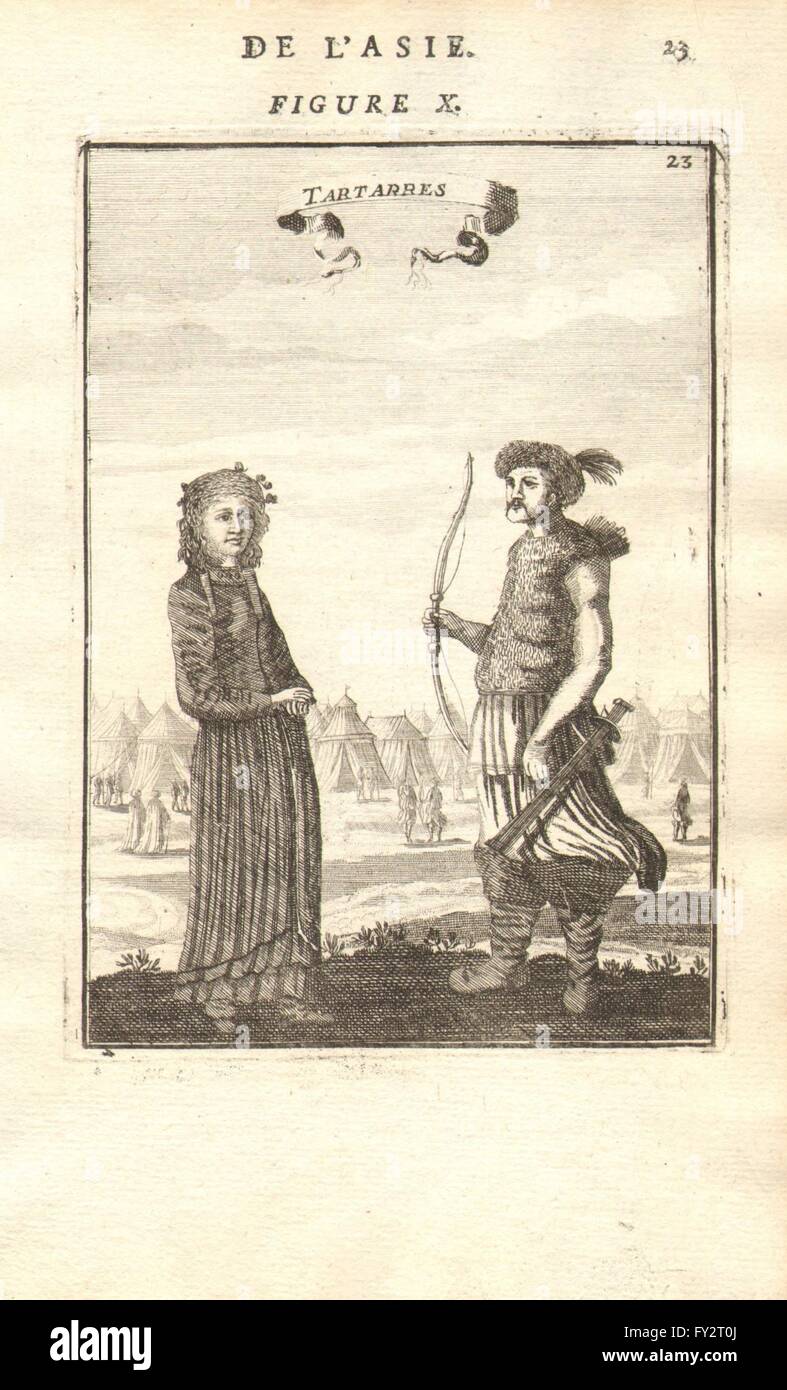 Asie centrale : guerrier tartare & femme. Tentes épée 'Bow Tartarres". MALLET, 1683 Banque D'Images