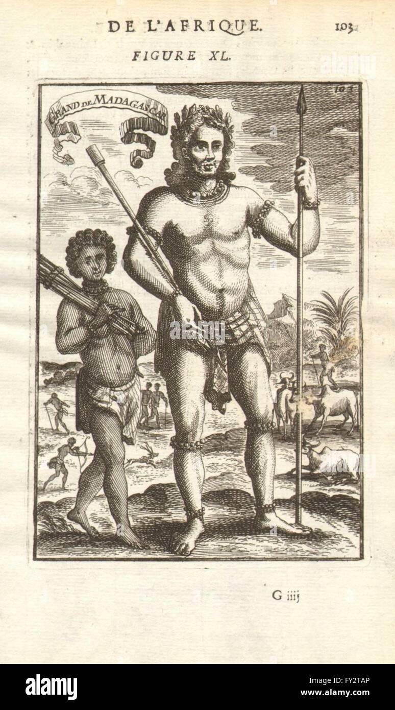 MADAGASCAR : Le Roi ou 'Grand de Madagascar". Lance. Les bovins. MALLET, 1683 imprimer Banque D'Images